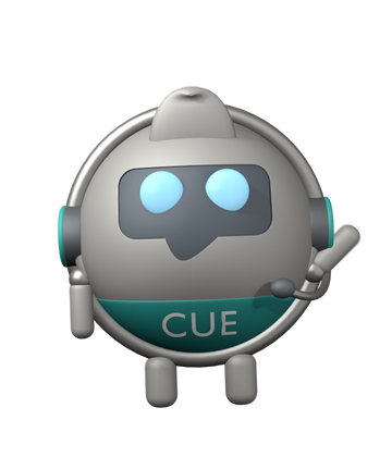 Cue, a round teal and grey helper robot with a headset, waving